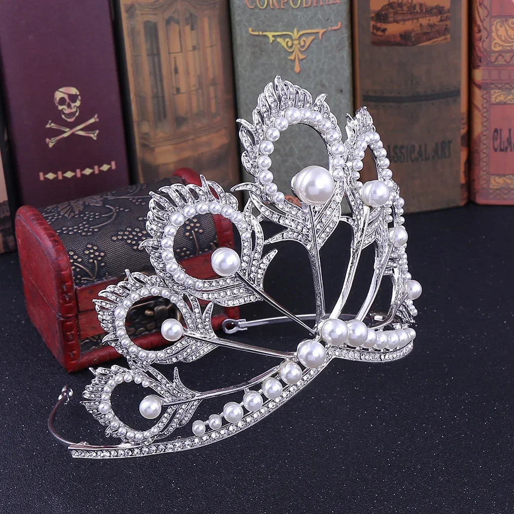 Vintage Baroque Crystal Crowns Peacock Feather Pearl Rhinestone Tiaras Bridal Wedding Hairband Hair Accessories Jewelry