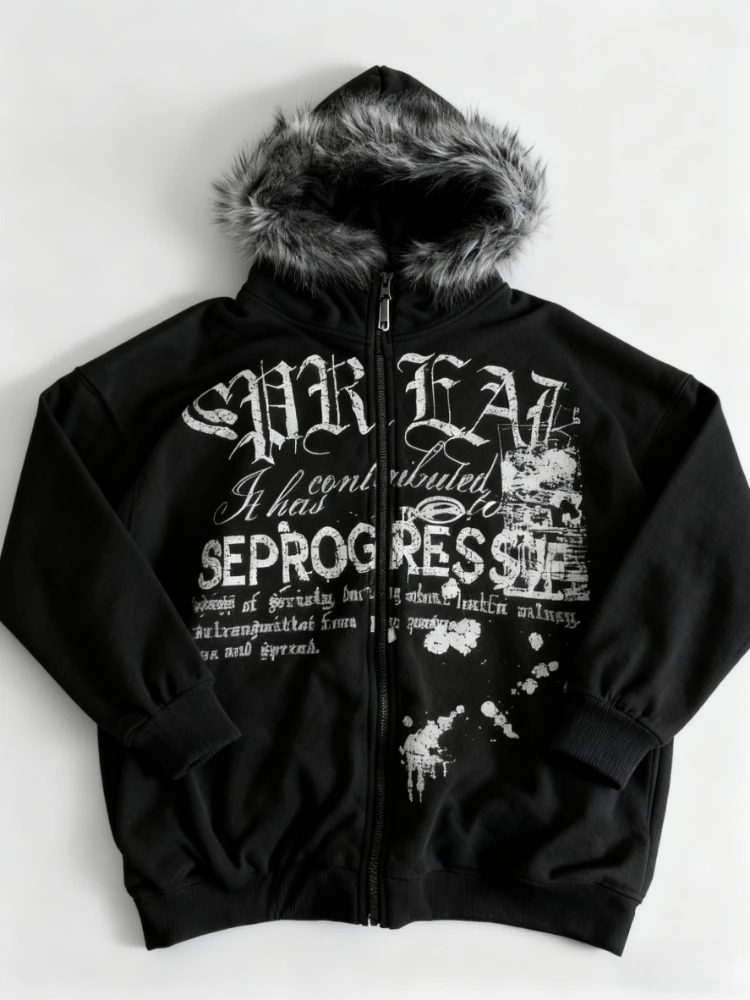 

Aesthetic Gothic Long Sleeve Sweatshirts Women Y2k Vintage Print Streetwear Fur Collar Hooded Coat Fashion Casual Hoodies Tops