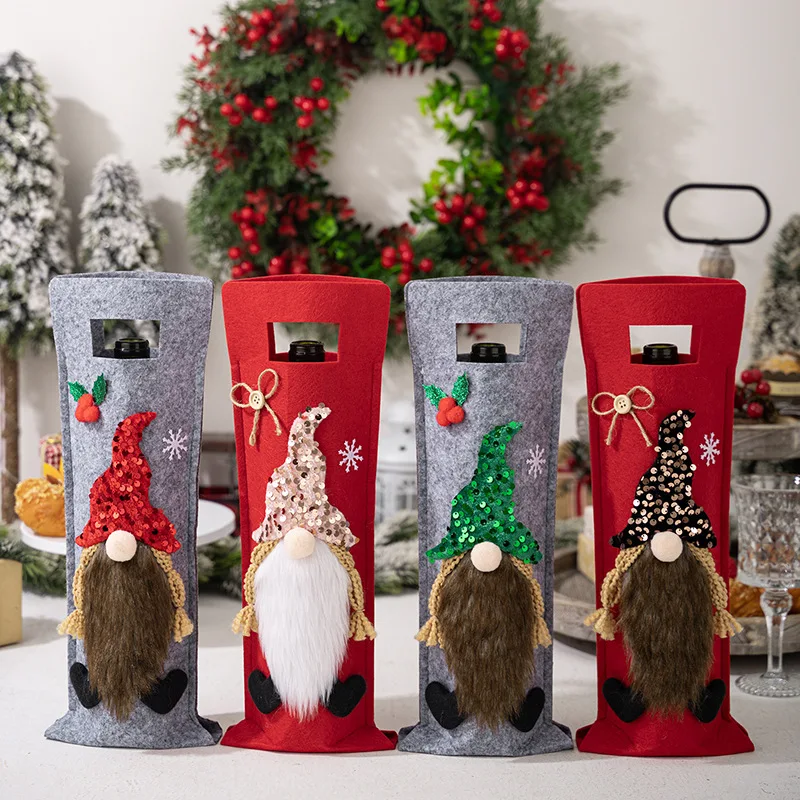 4 Uds. Bolsa de fundas navideñas para botellas de vino de fieltro, muñeco sin rostro de Gnomo, bolsa para botellas de vino, decoración navideña, decoración de mesa de cena de Navidad