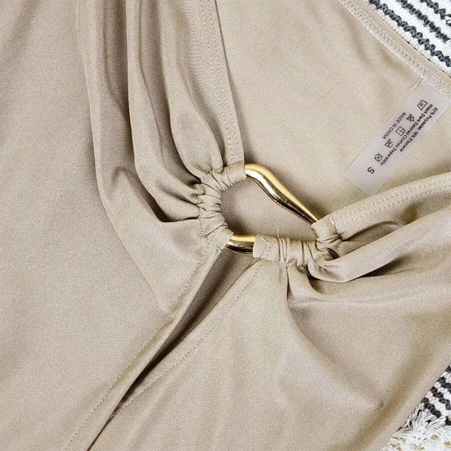 Beige Adjustable Triangle Cup Bikini Set With Ring Detail For Beach Pool Vacation
