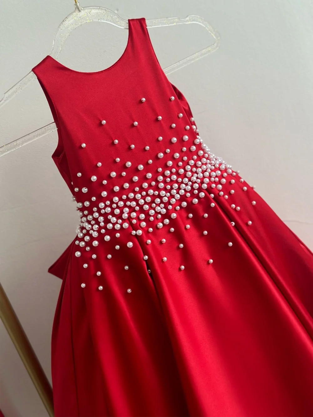 Christmas Girls Red Satin Princess Gown Elegant Sparkling Pearls A-line Long Kids Dresses For Stage Performance 80-160cm