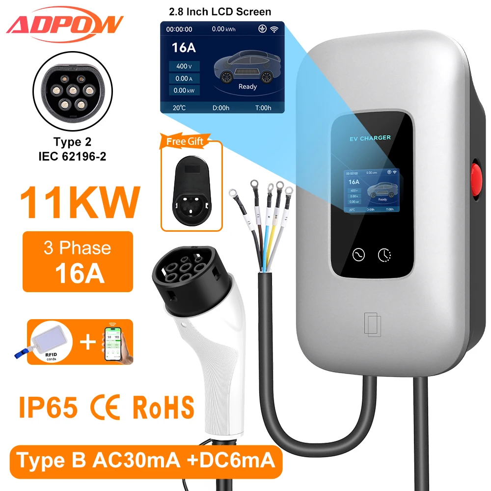 

ADPOW 16A Type2 EV Charging Station 11KW 3Phase Type B Leakage Protection Wallbox Charger Current Adjustable EV Accessories