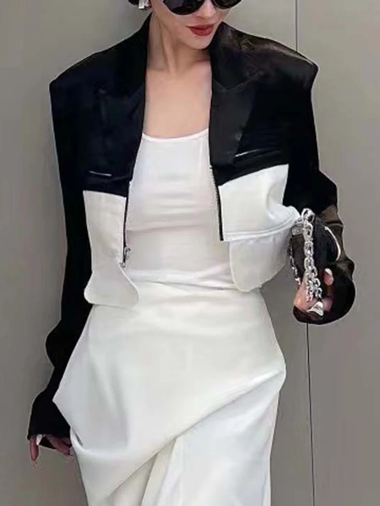 TWOTWINSTYLE Hit Color Blazers For Women Notched Collar Long Sleeve Spliced Zipper Slim Autumn Blazer Female Fashion Clothing