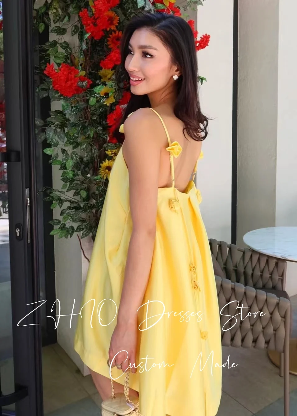 ZHIO Elegant Yellow 3D Flowers Spaghetti Strap Birthday Party Dress A-Line Satin Draped Special Occasion Short Dresses Custom