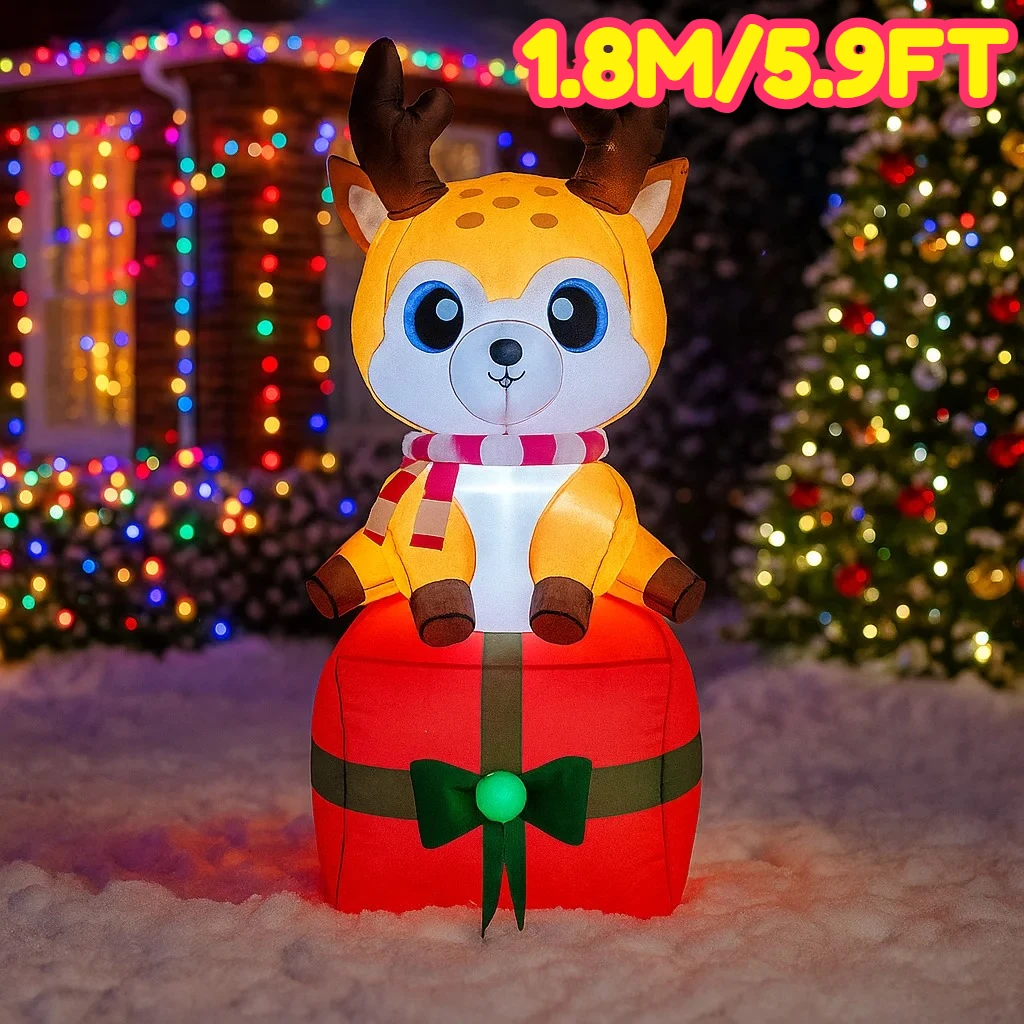 1.8M/5.9FT Inflatable Reindeer on Gift Box Lights LED Home Decorations Yard Xmas Supplies Outdoor Holiday Lighting Decorations