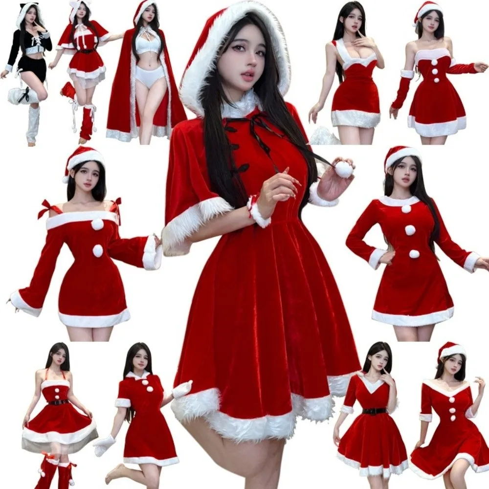 

Sexy Gold Velvet Christmas Dress Santa Hat Hooded Cosplay Christmas Outfit Santa Claus Bunny Girl Costume Xmas Suit