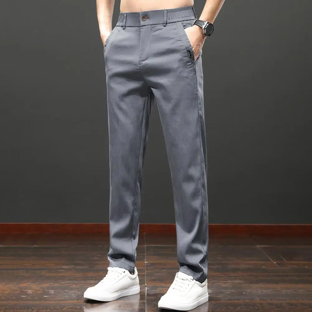 Men Pants Cooling Fabric Men Trousers Elastic Waist Stretch Casual Pants Side Button Pockets Smooth Casual Casual Long Trousers