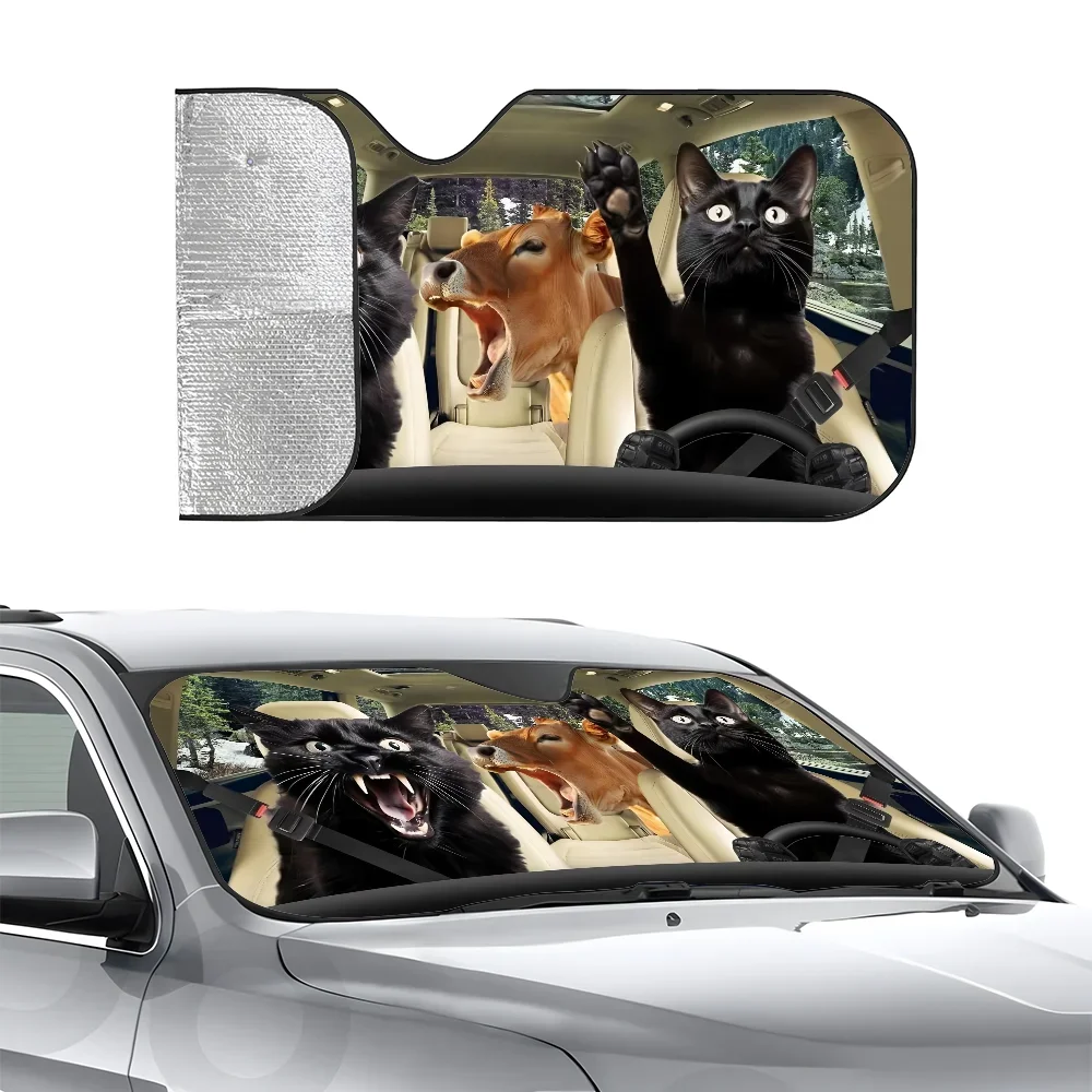 

Funny Black Cat Car SunShade Three-layer Insulation Car Front Windshield Sun Shade Suction Cup Blocks UV Rays Sun