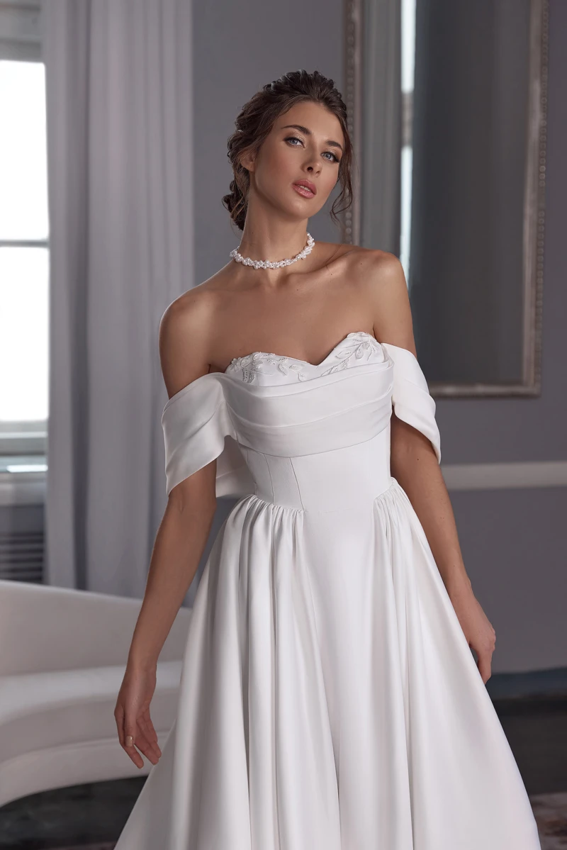 Vestido de casamento a linha com zíper nas costas, elegante fora do ombro, mangas curtas, charmoso, até o chão, cauda longa, personalizar para medir