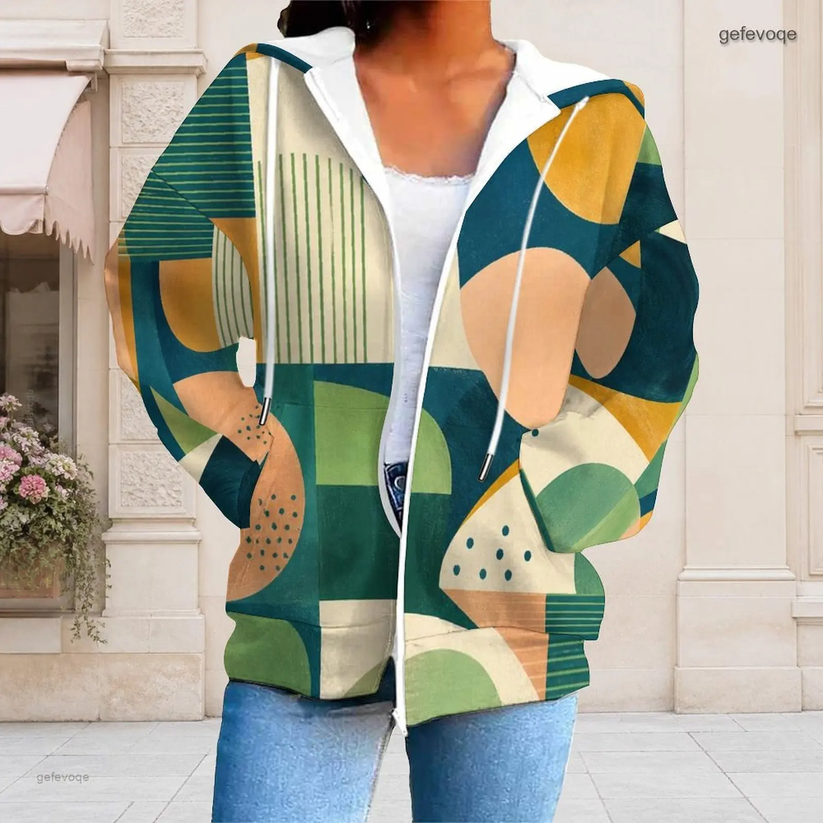 Women Abstract Geometric Printed Long Sleeve Full Zip Drawstring Hoodie With Pockets