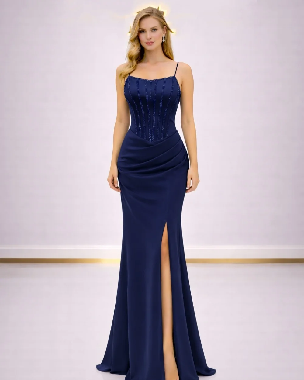 

Customized High Quality Fashion Charmeuse Beading Prom Dresses Sexy Spaghetti Strap Sleeveless Mermaid Ruched Evening Dresses