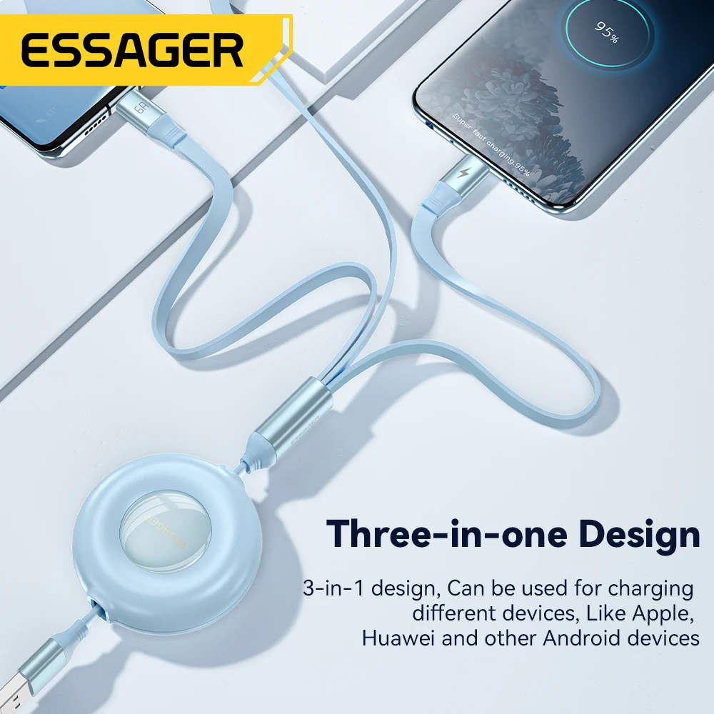 Essager 6A قابل للسحب 3 في 1 USB كابل شحن لماك بوك سامسونج Xiaomi مايكرو USB نوع C كابل شحن كابل آيفون 66 واط