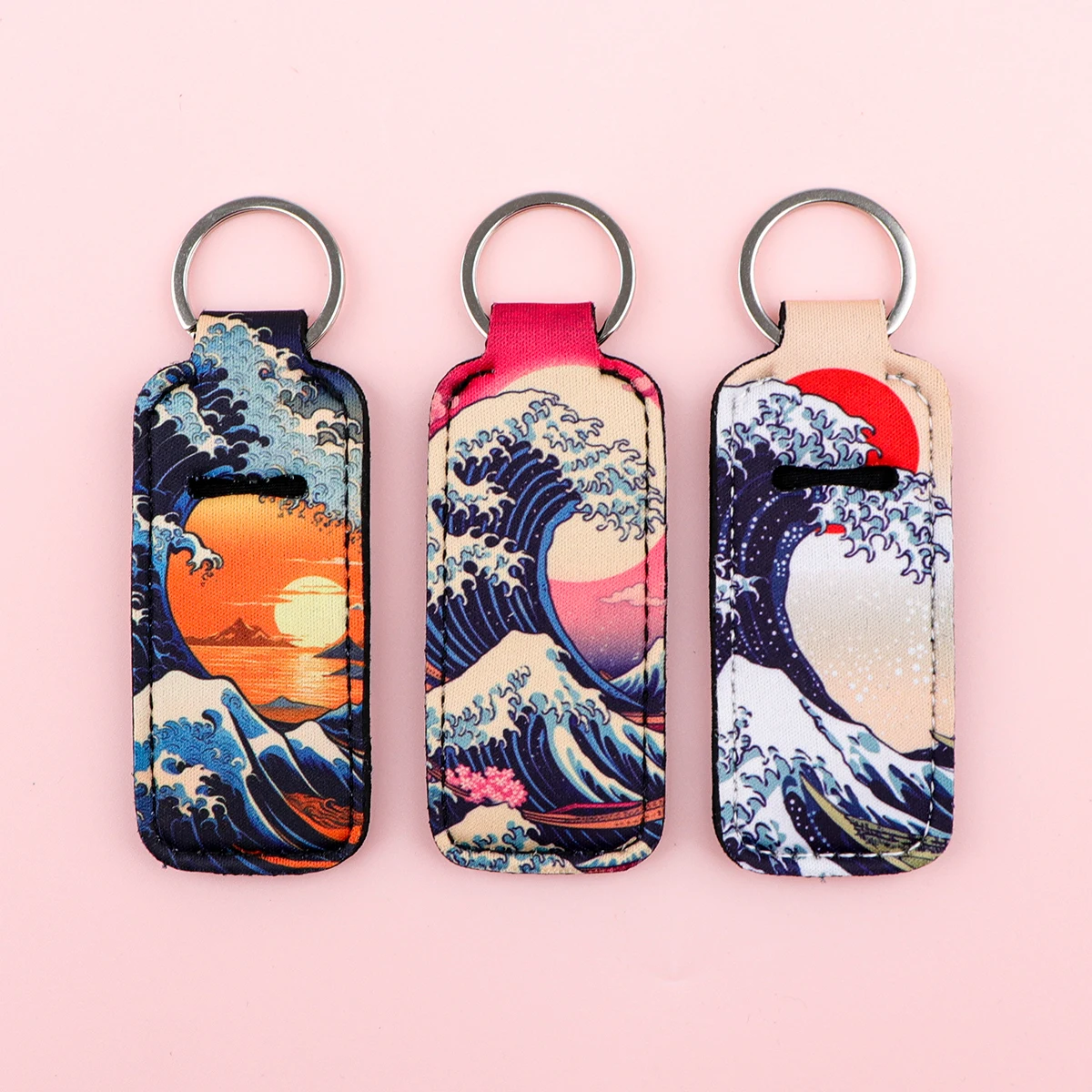 Sea Wave Clip On Lipstick Sleeve Holder Keychain Sunset Print Cartoon Keyring Trendy Lip Balm Key Chain Accessories