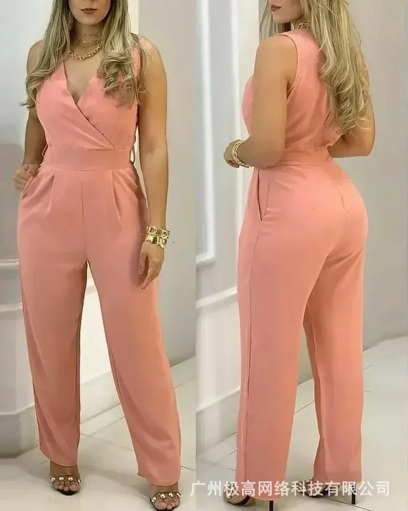 Sleeveless Pocket Design V-neck Work Jumpsuit Women Spring Summer 2024 New Overall Pants Jumpsuits High Waist Solid Color