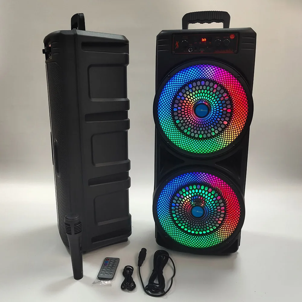 Głośnik Boombox na imprezy plenerowe z funkcją mówienia, kompatybilny z Bluetooth, głośnik zewnętrzny z podwójnym subwooferem, głęboki bas, synchronizacja muzyki z oświetleniem RGB.