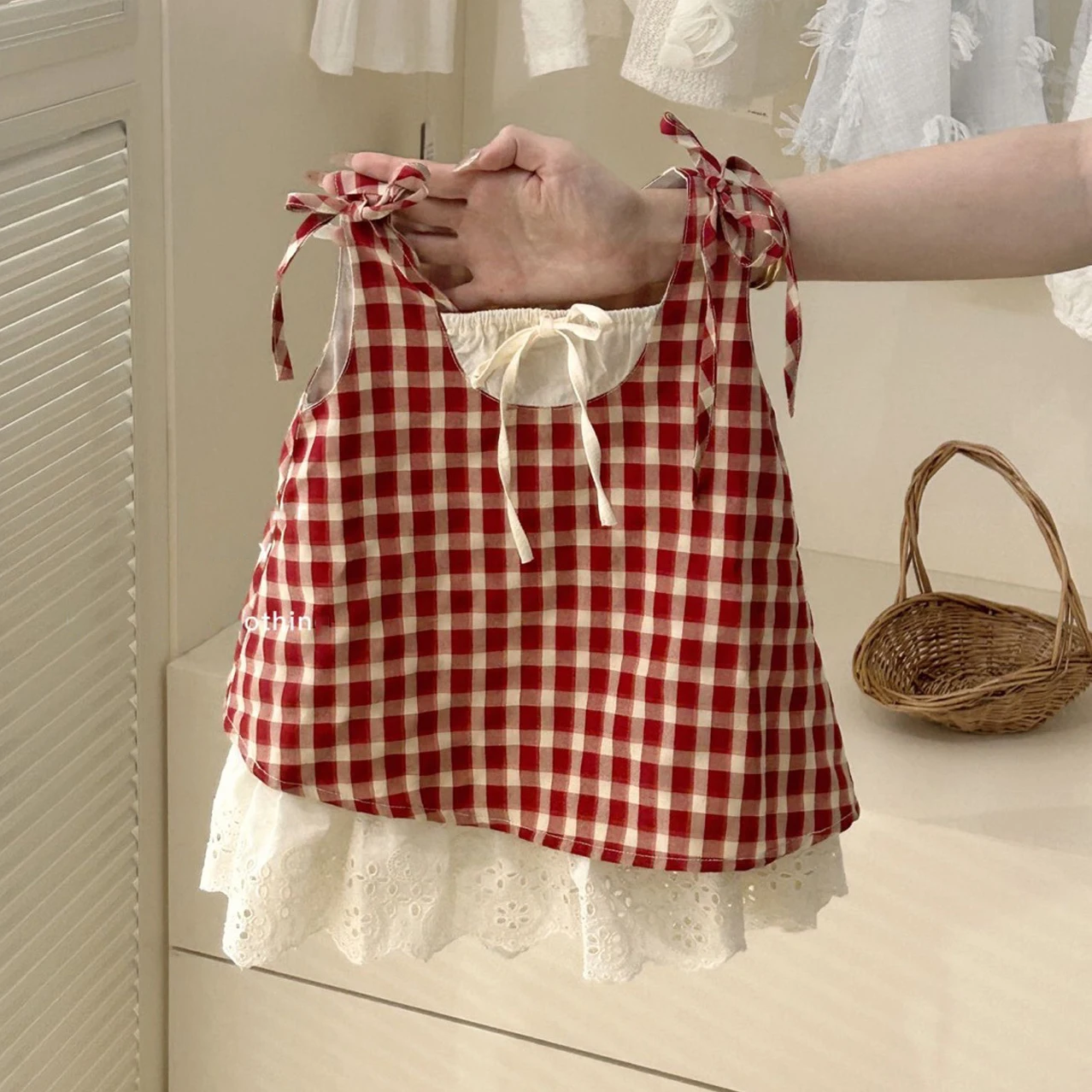 

Baby Girls' Red Plaid Fake Two-piece Dress Summer New Children's Beach Tank Top Dresses 2025 Summer Children's Clothing