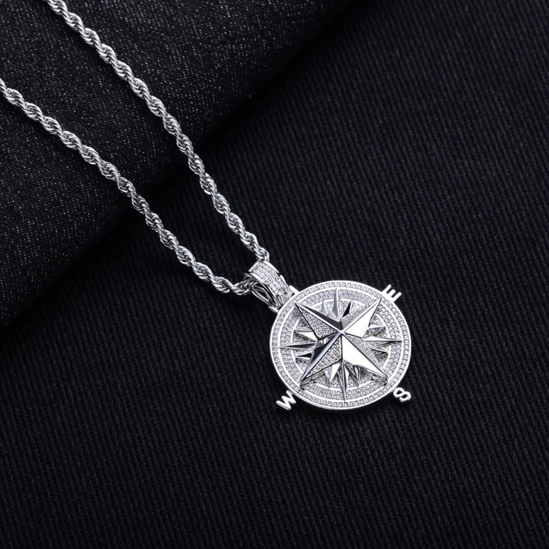 MossanRappr 1.02cttw Moissanite Iced Out Compass Pendant 14K Gold Plated Fashion Punk Hip Hop Necklace Accessory for Men Women