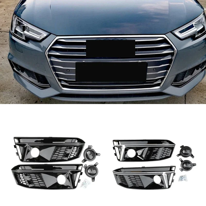 

1 Pair of for S4 Style Honeycomb Front Bumper Fog Light Grille Cover with ACC for Audi A4 S-Line B9 2017-2019 Year