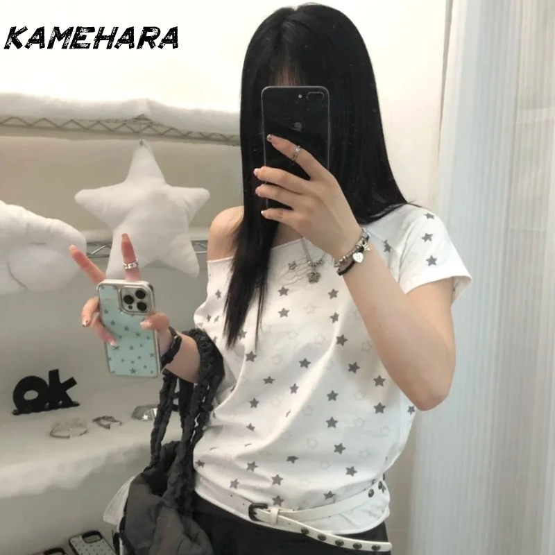 

KAMEHARA Y2k Aesthetic Vintage Star Print Casual Tees Summer Skew Collar Fairy Embroidery Tops Women Harajuku Grunge Loose Shirt