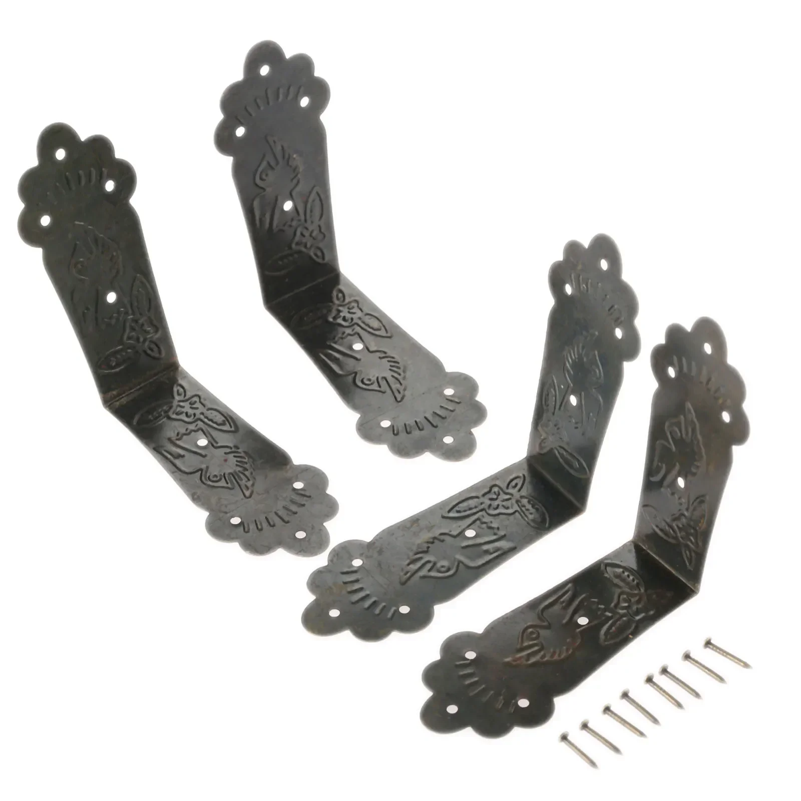 4Pcs Vintage Metal Decorative Corner Brackets Corner Protector Guards Edge Cover for Furniture Chest Case Jewelry Box Feet Leg