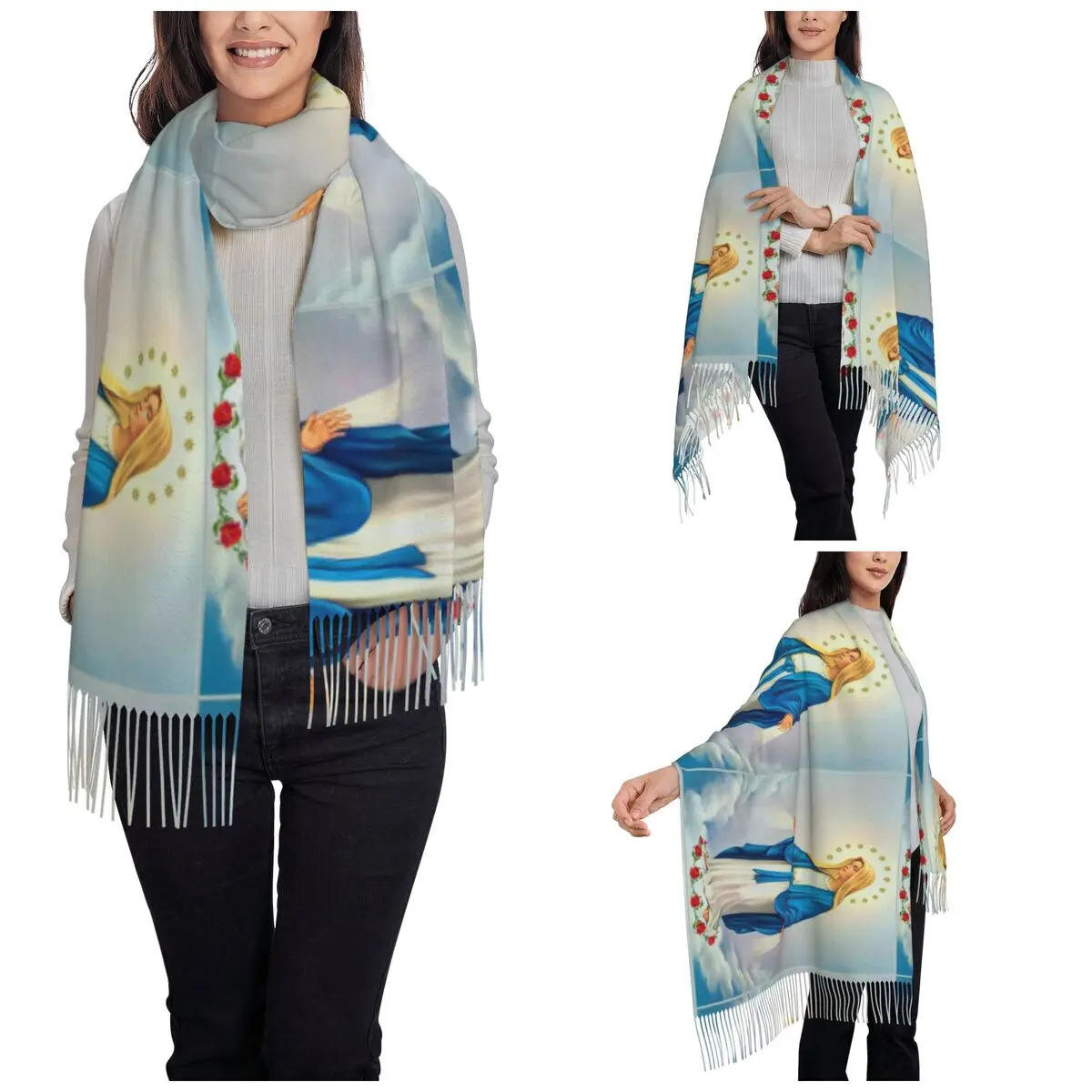 Virgin Mary Christian Catholic Shawls Wraps Women Winter Warm Long Soft Scarf Our Lady of Guadalupe Reversible Tassel Scarves