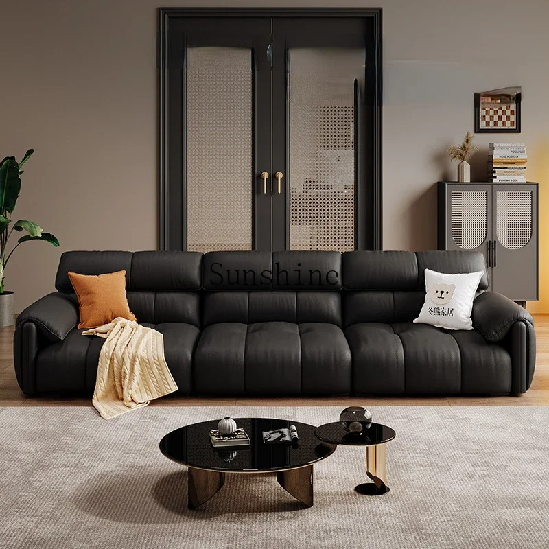 

Living room small apartment straight row retro style black leather sofa