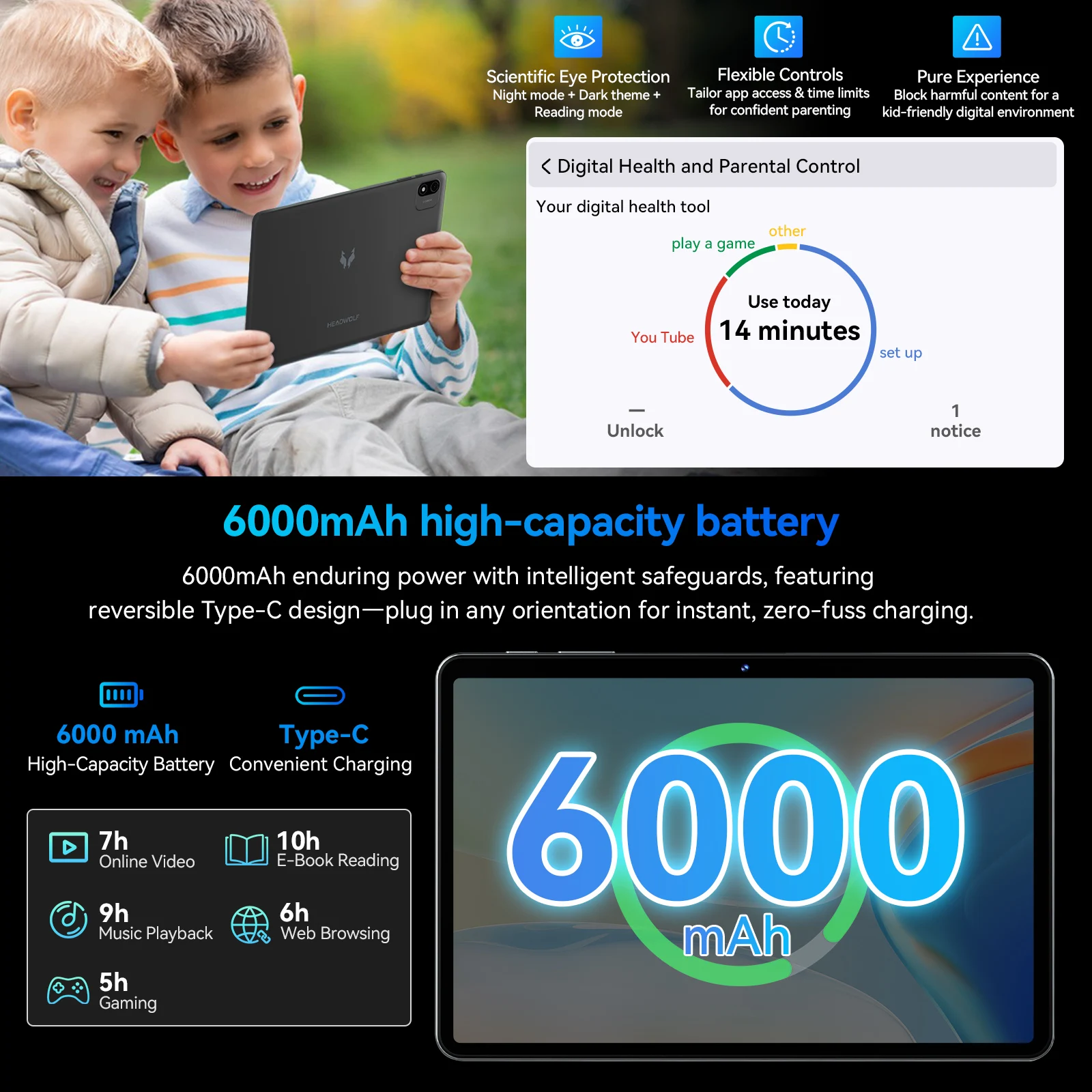 Headwolf WPad6B Tablet WiFi Android 15 CPU T615 da 10,1 pollici, FHD 1920 * 1200, 8+12 GB di RAM + 128 GB di ROM/Widevine L1/6000 mAh