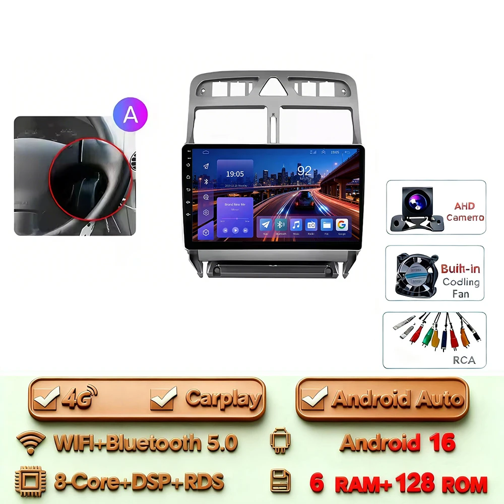 Android 16 Carplay Android Auto 2din Autoradio voor Peugeot 307 307CC 307 SW 2004-2013 4G WIFI GPS DSP BT Touchscreen Multimedia