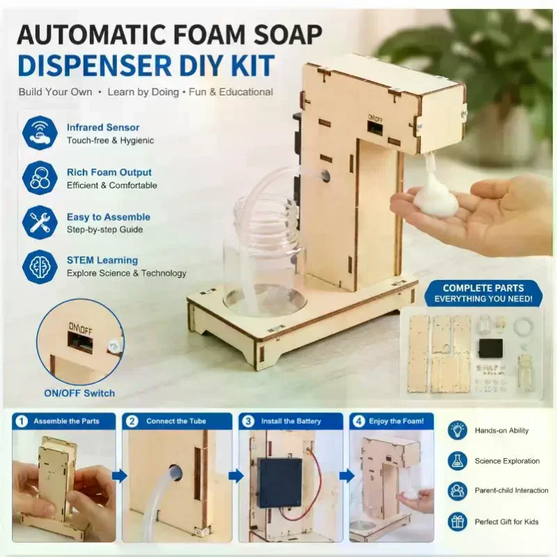 1 Set Kids Educational Science Experiment Assembled Toy DIY Wooden Automatic Induction Foam Hand Washer STEM Kit