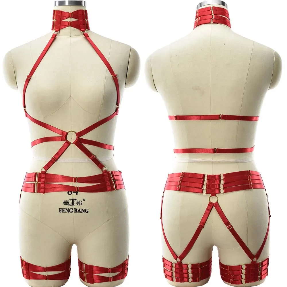 Goth Bodysuit Red Collar Body Harness Open Chest Harness Bra Bondage Body Belt High Quality Sexy Lingerie Leg Garter Belt