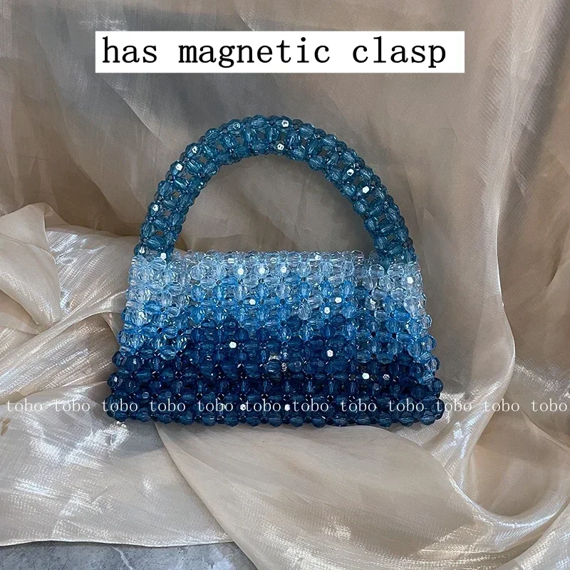 

Gradient Blue Beaded Own Design Tote Bags for Women Customized Color Fashion Handbags for 2024 Chain Handle Clutch Evening Bag