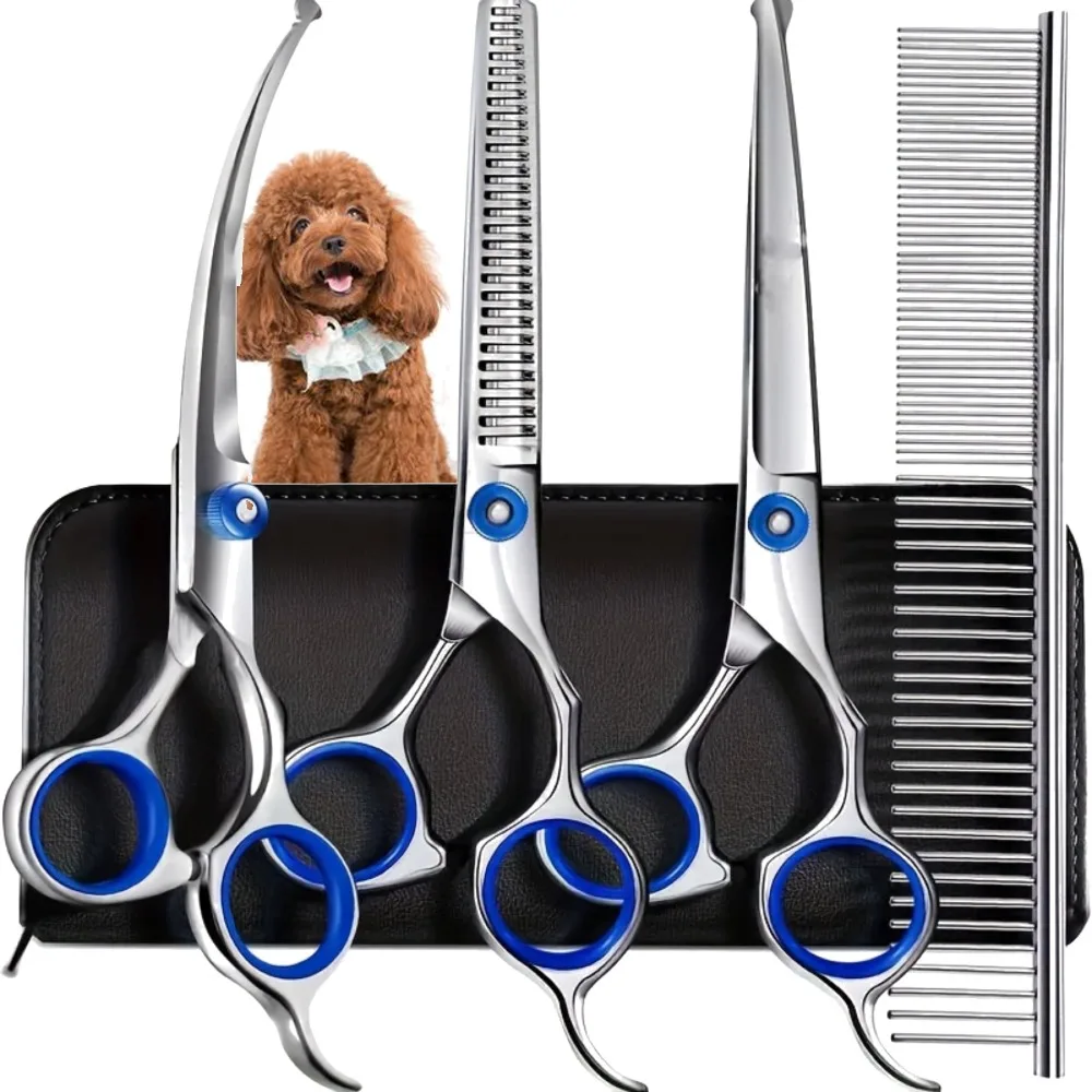 5PCS 1Set Right-Handed Pet Grooming Kit Round Head Stainless Steel Fur Scissors For Dog Styling Trimming Pet Shears Portable Set