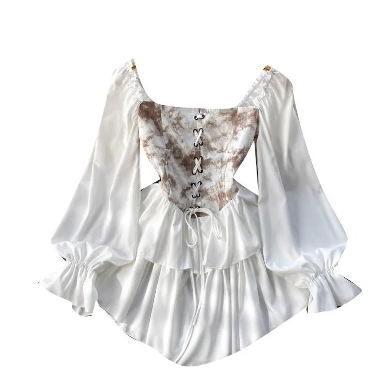 Puffy Dress Mid-length Square Neck Vintage One-shoulder Tie-dye Palace Style Ruffle Lace-up Vacation Womenswear Streetwear Chic