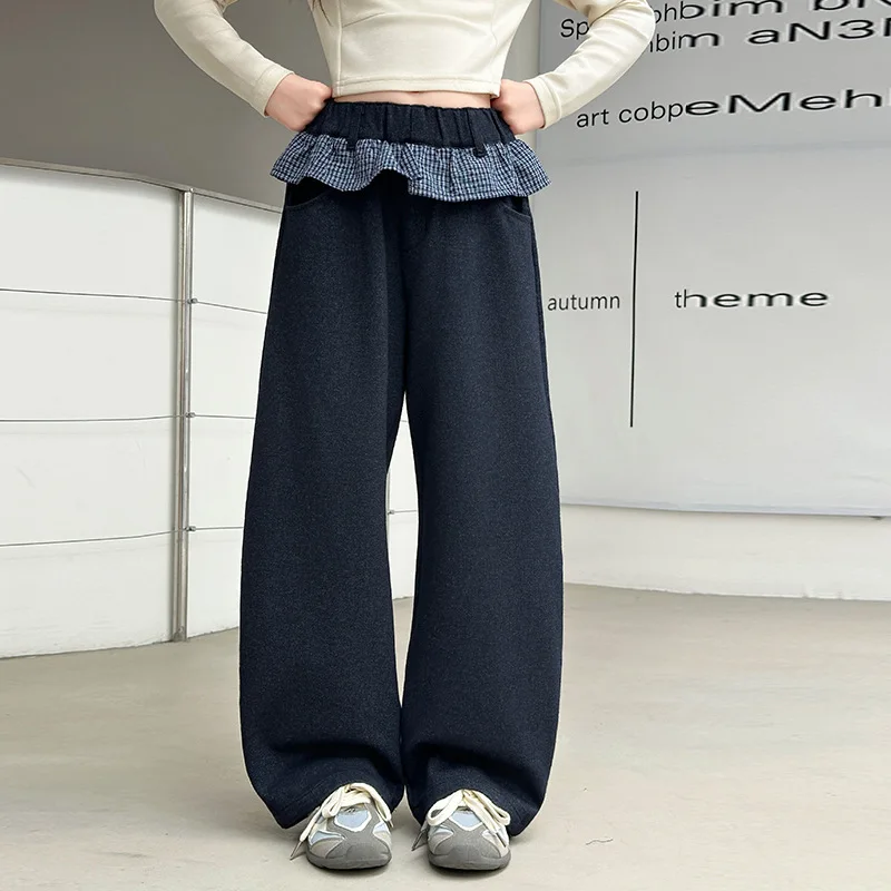 

2025 Teenager Girls Straight Leg Pant Autumn School Girls Plaid Patchwork Pant Junior Girls High Waist Full Length Trousers