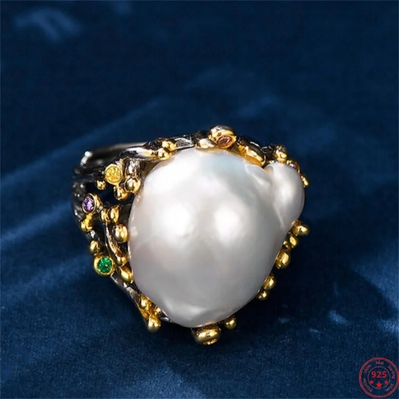 

S925 Sterling Silver Charms Rings for Women New Fashion Contrast Colored Hollow Carving Baroque Pearl Jewelry Free Shipping