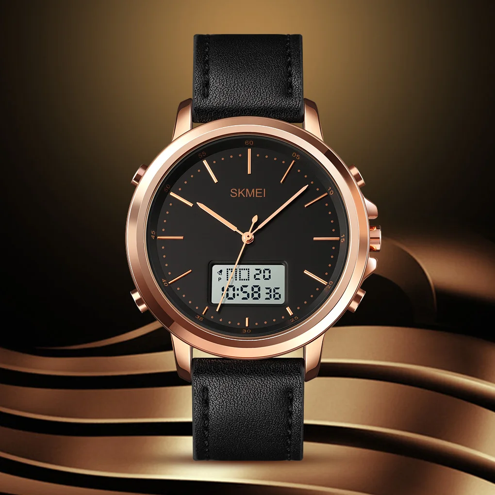SKMEI 1652 reloj hombre Dual Display Casual Watches Men Chrono Alarm Digital Mens Wristwatch Leather Strap Waterproof Watch