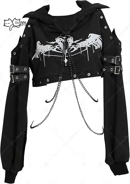 

MEOWCOS Halloween Gothic Hoodies for Women Gothic Crop Top Punk Clothes Long Sleeve Chain Sweatshirt Hoodies Cosplay Costume