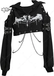 MEOWCOS Halloween Gothic Hoodies for Women Gothic Crop Top Punk Clothes Long Sleeve Chain Sweatshirt Hoodies Cosplay Costume
