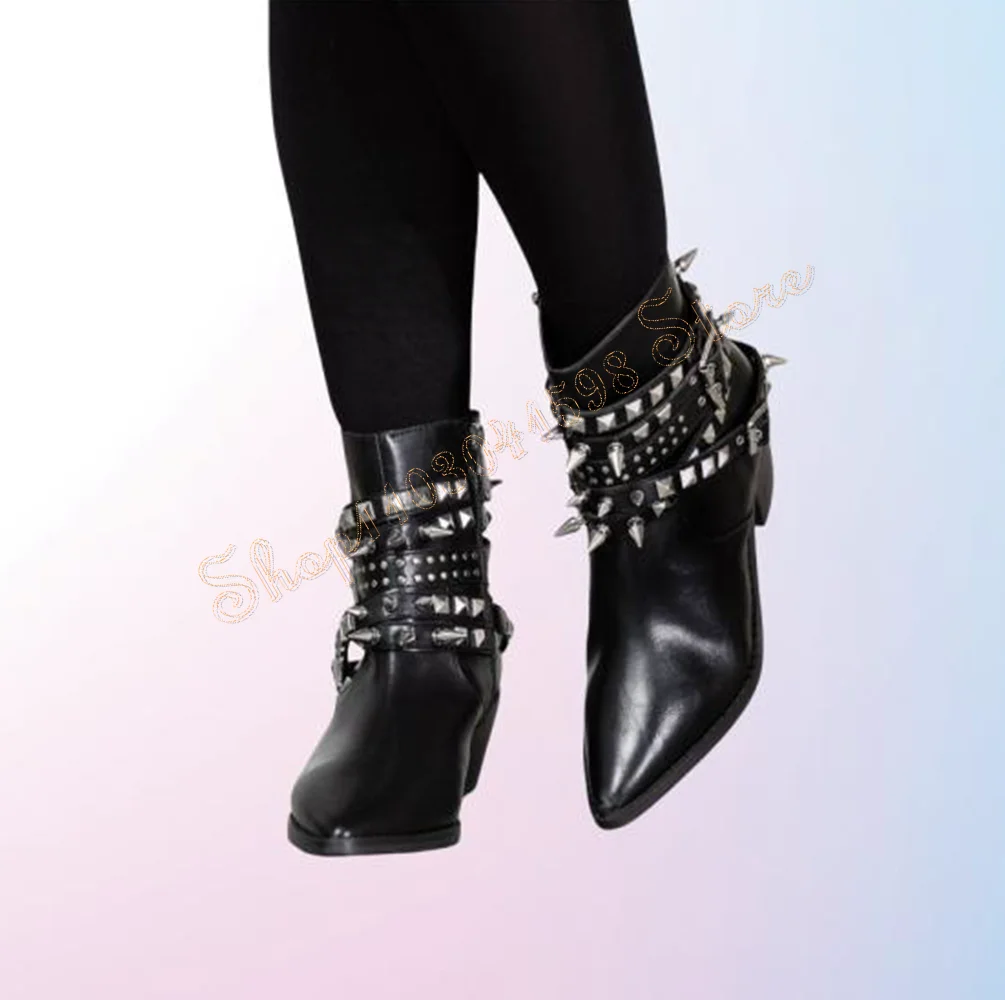 

Black Side Zipper Rivet Decor Boots Pointed Toe Matte Leather Sexy High Heel Shoes for Women Heels 2024 New Zapatos Para Mujere