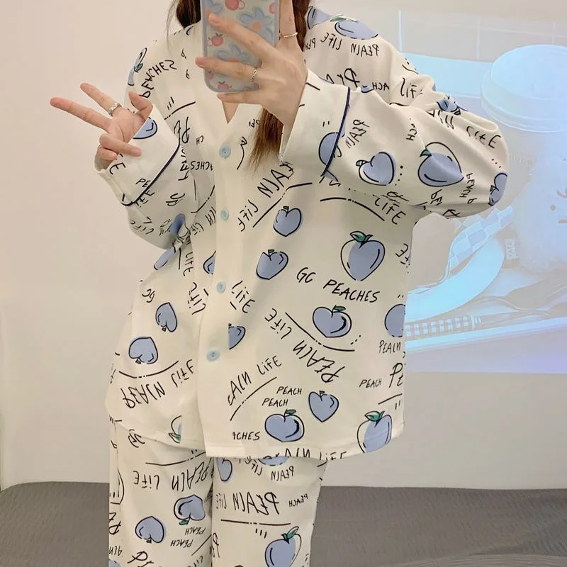 Women's Spring Autumn Pajamas Set Famale Long Sleeves Leisure Loose Pyjamas Outfit 2024 New Cute Girls Home Clothes Sleepwear