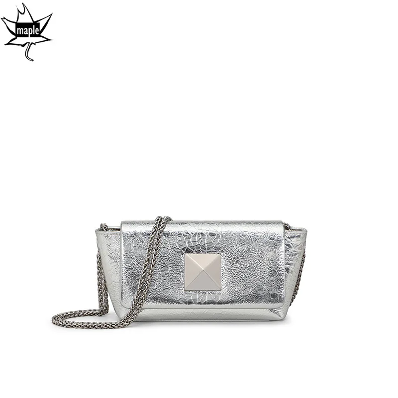 

New Summer Big Rivet Design Silver Flap Bag Small Oil Wax Cow Leather Women Crossbody Shoulder Bag Chain Strap High-class Purse