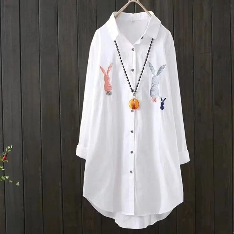 

Весна-лето, новинка, женские длинные свеки, белые, с вышивкой, художественные, средней длины, свободного покроя, для защиты от солнца, хлопок...