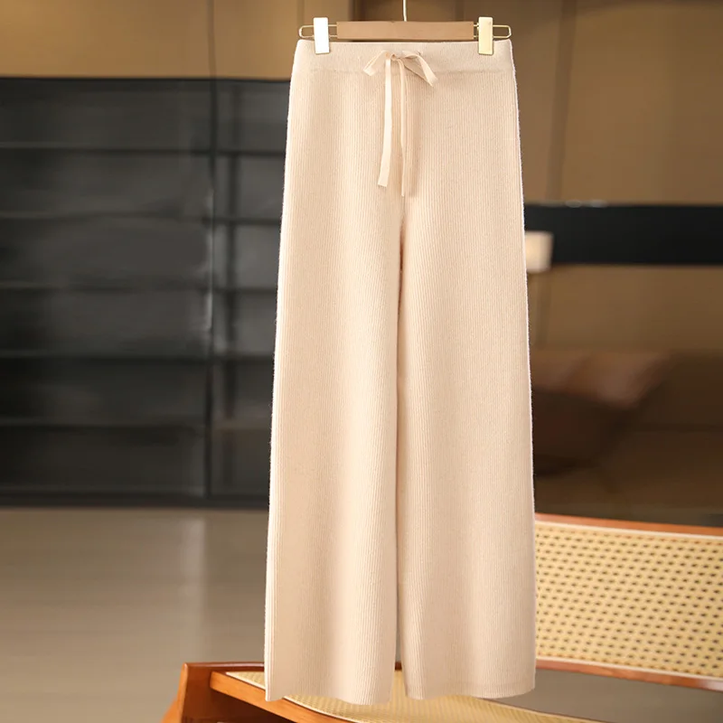 

100% Merino Wool Autumn Winter Women's Cashmere Wide Leg Pants Korean Popular Pants Basic Soft Casual Sashes Trousers Knitwear