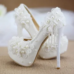 Spring round head cloth pearl tassel lace flower wedding shoes fine high-heeled waterproof table dress large size women's shoes