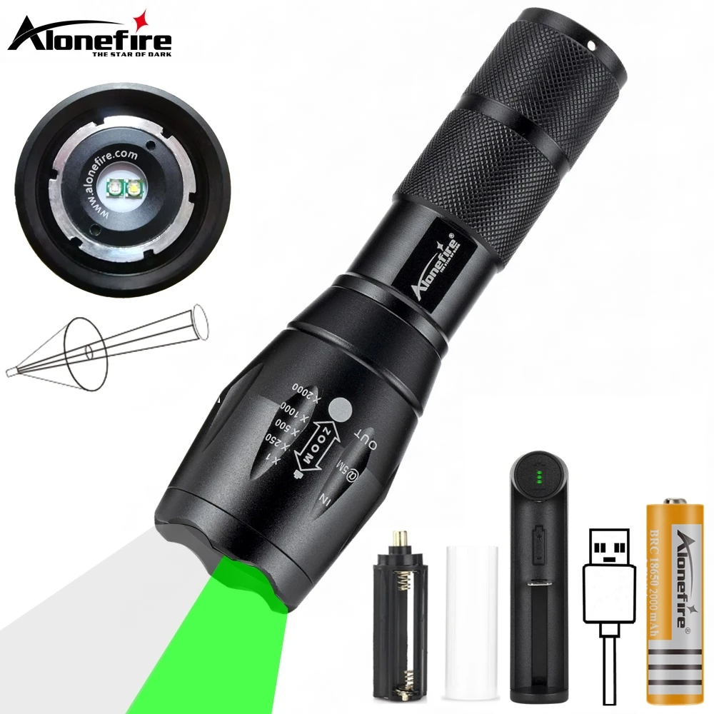 Alonefire 2-in-1 White+Green Light Zoom Flashlight High Power Outdoor Hunting Fishing Hike Travel Work Dust Detection Torch Lamp