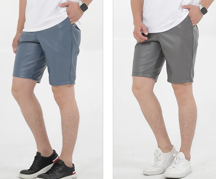 Men's Sexy Slim PU Leather Shorts ，Fitness Sports Punk Style Elastic Colored Shorts ，Knee Length Leather Pants