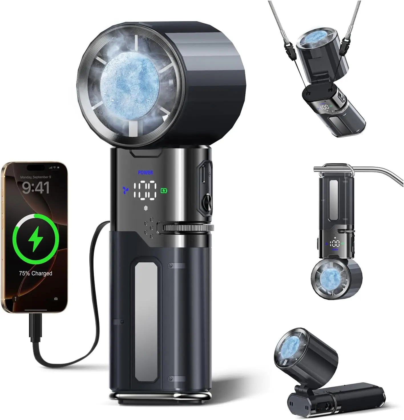 

Портативный турбовентилятор 9000 мАч с функцией охлаждения льдом и функцией Power Bank, 100 скоростей обдува, кабель Type-C, LED-дисплей для путешествий/офиса