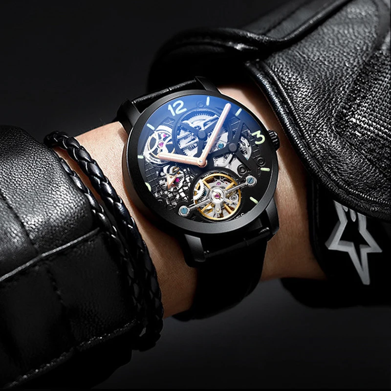 AILANG Luxury Tourbillon Mechanical Watch for Men Fashion Leather Waterproof Luminous Skeleton Watches Mens Relogio Masculino