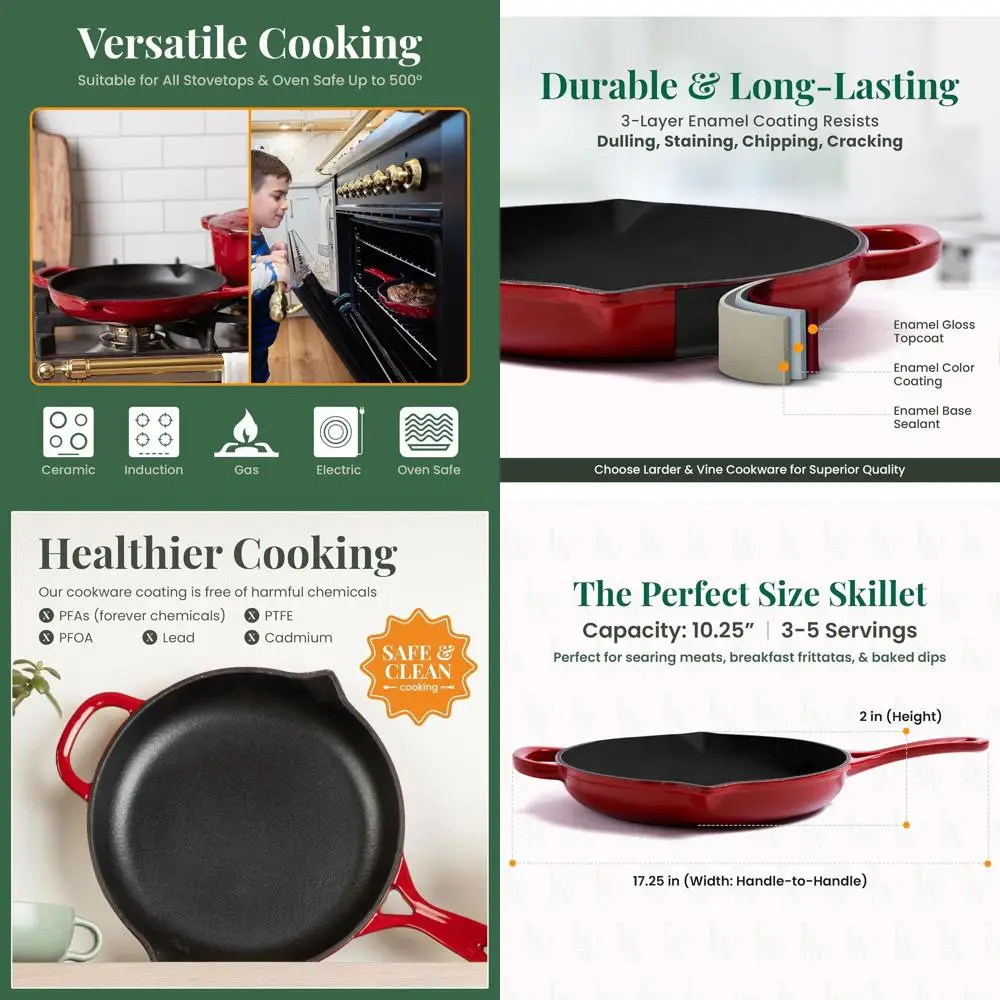 

10.25 Inch Enamel Cast Iron Skillet with Pour Spouts, Oven-Safe to 500°F, Compatible with All Cooktops, Cabernet Color