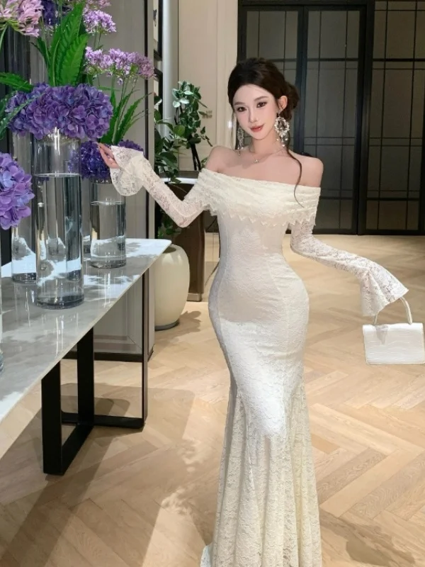 

Sensational Lace One Shoulder Long Dress Bodycon Fish Tail Skirt High Waist Cotton Spring Autumn Fashionable Elegant Lady Style